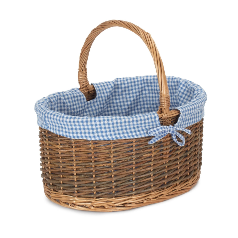 Blue Checked Lined Country Oval Wicker Shopping Basket-5