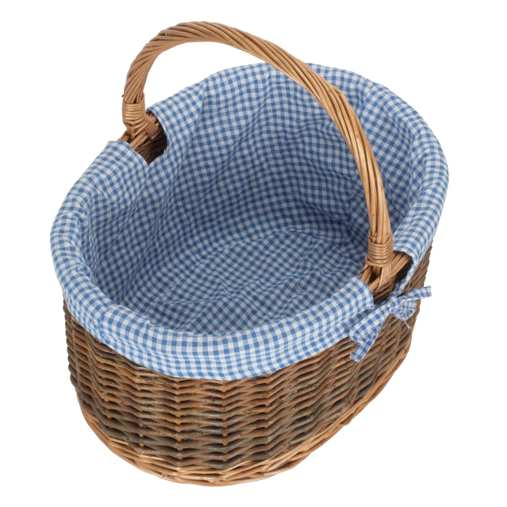 Blue Checked Lined Country Oval Wicker Shopping Basket-4