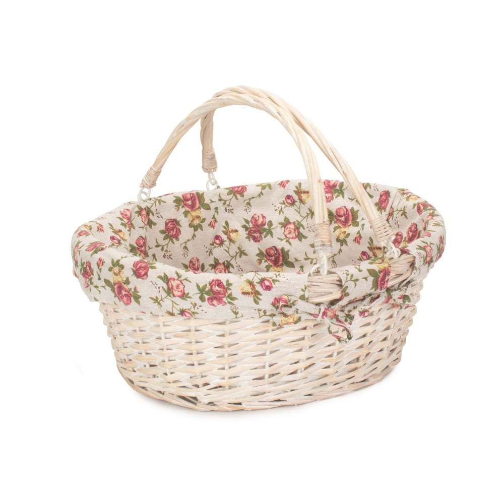 Whitewash Swing Handle Wicker Shopping Basket with Garden Rose Lining-0