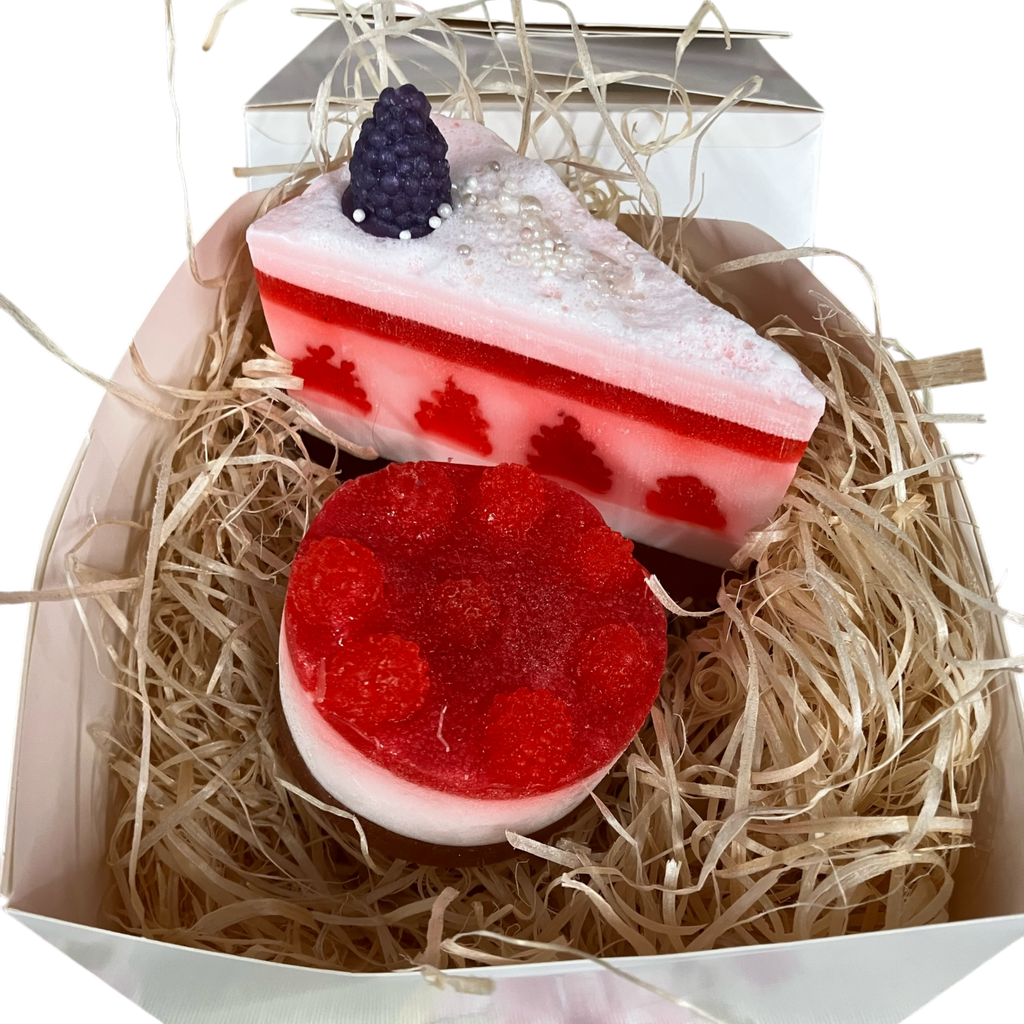 Bakery Cake Soap Gift Set in Fruit Berry Fragrance: Raspberry Cheesecake and Berry Cake Slice in a Bakery Box-1