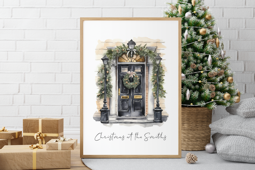 Personalised Christmas At Surname Black Front Door Winter Christmas Seasonal Wall Home Decor Print-2