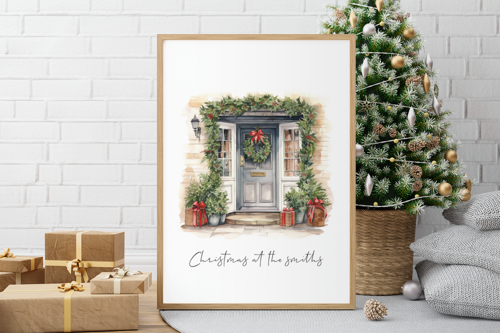 Personalised Christmas At Surname Grey Blue Front Door Winter Christmas Seasonal Wall Home Decor Print-1