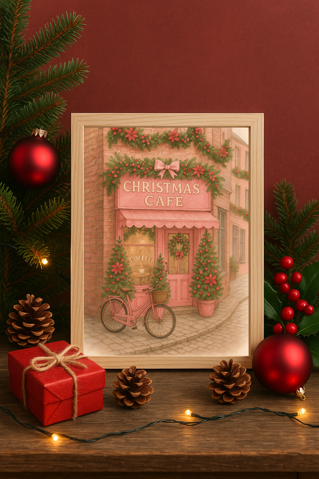 Christmas Pink Café Wall Art Festive Holiday Coffee Shop with Bicycle Print-0