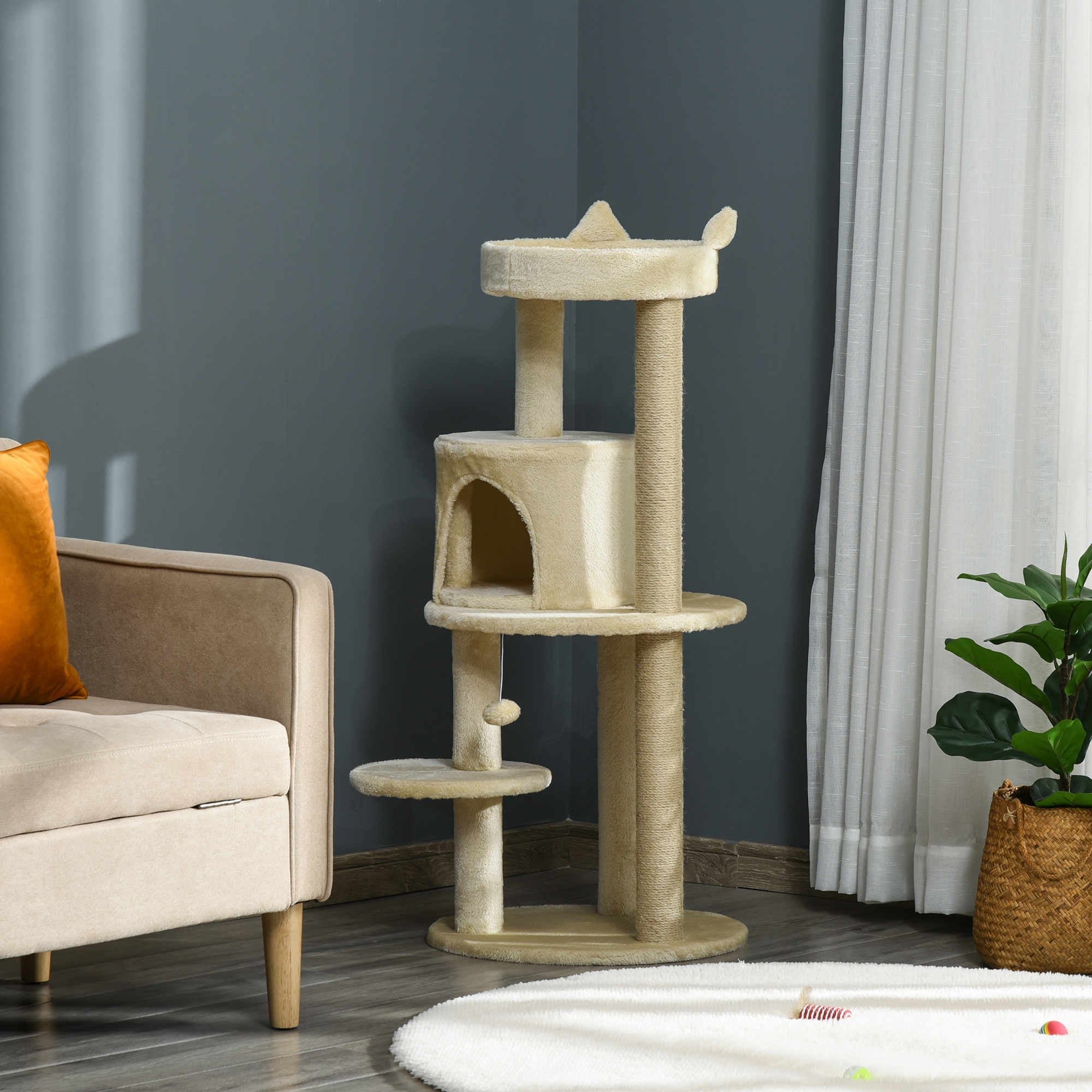 104 cm Cat Tree, Cat Condo Tree Tower, Cat Activity Centre with Scratching Posts, Plush Perch, Hanging Ball - Cream White-1