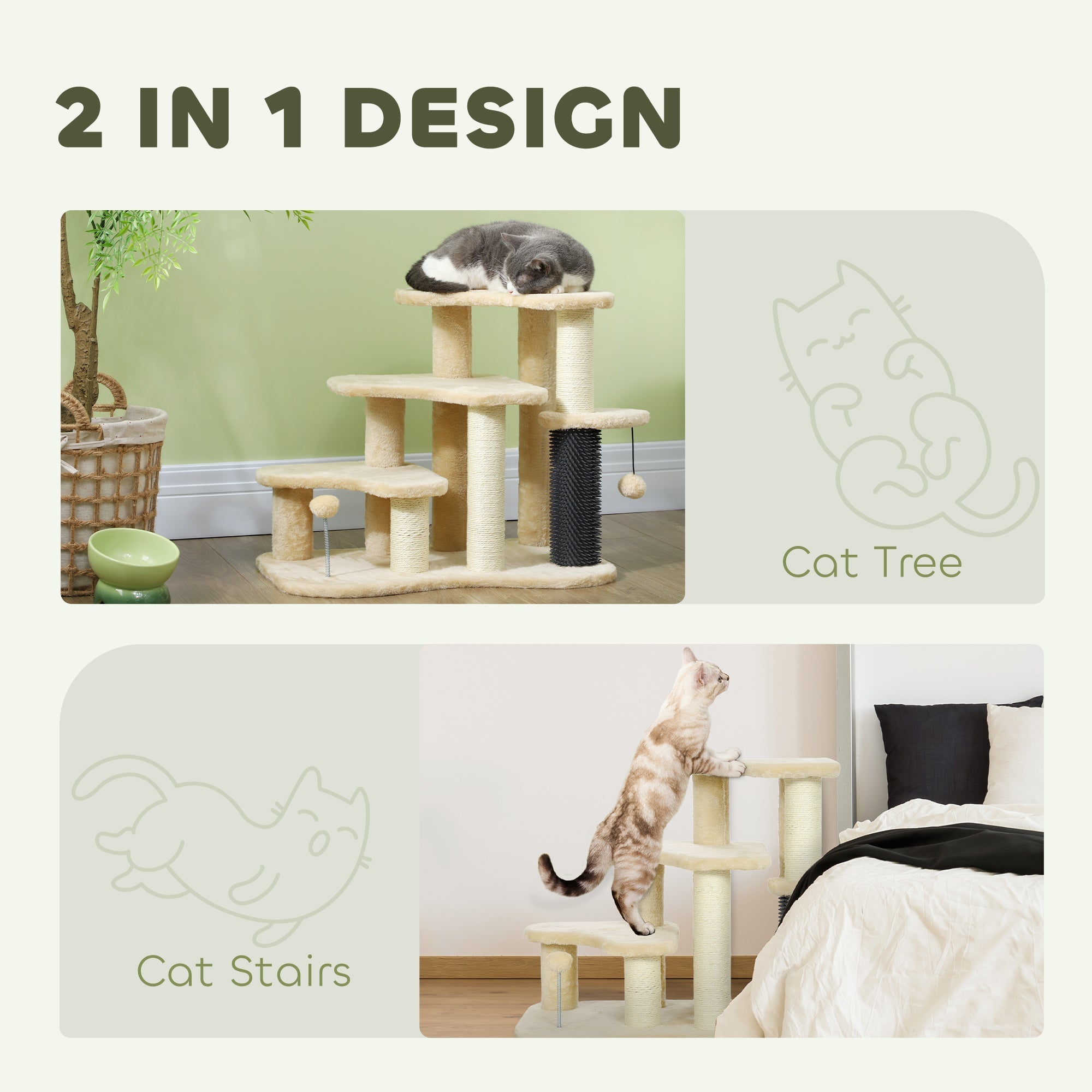 2-in-1 Cat Tree, Pet Stairs with Scratching Tickling Post, Toy Balls, for Bed, Sofa, Couch, Beige-3