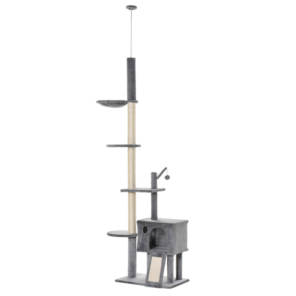 280cm Huge Cat Tower Activity Center Floor-to-Ceiling Cat Climbing Toy with Scratching Post Board Hammock Hanging Ball Rest Light Grey-0