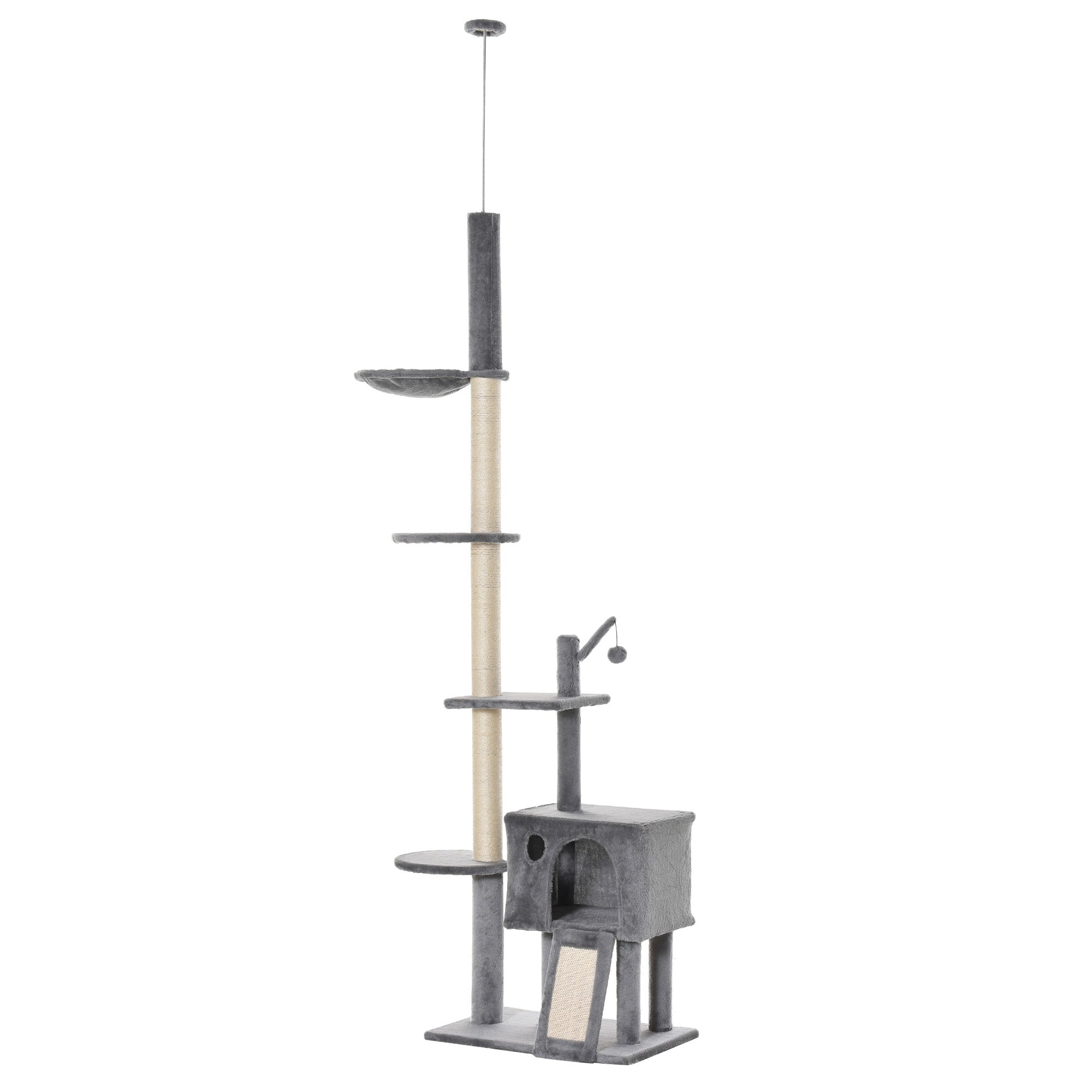 280cm Huge Cat Tower Activity Center Floor-to-Ceiling Cat Climbing Toy with Scratching Post Board Hammock Hanging Ball Rest Light Grey-0