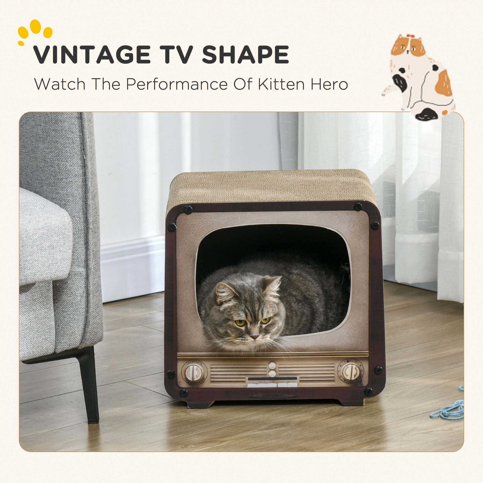 2 in 1 TV Shape Cat Scratching Board House with Catnip, for Indoor Cats, Brown-4