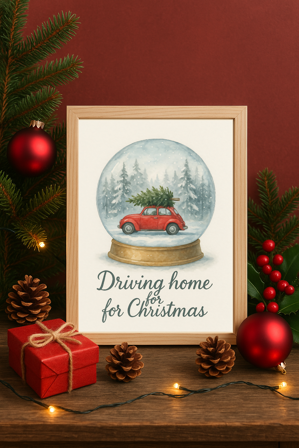 Driving Home for Christmas Snow Globe Wall Art – Red Car with Tree Winter Print-0