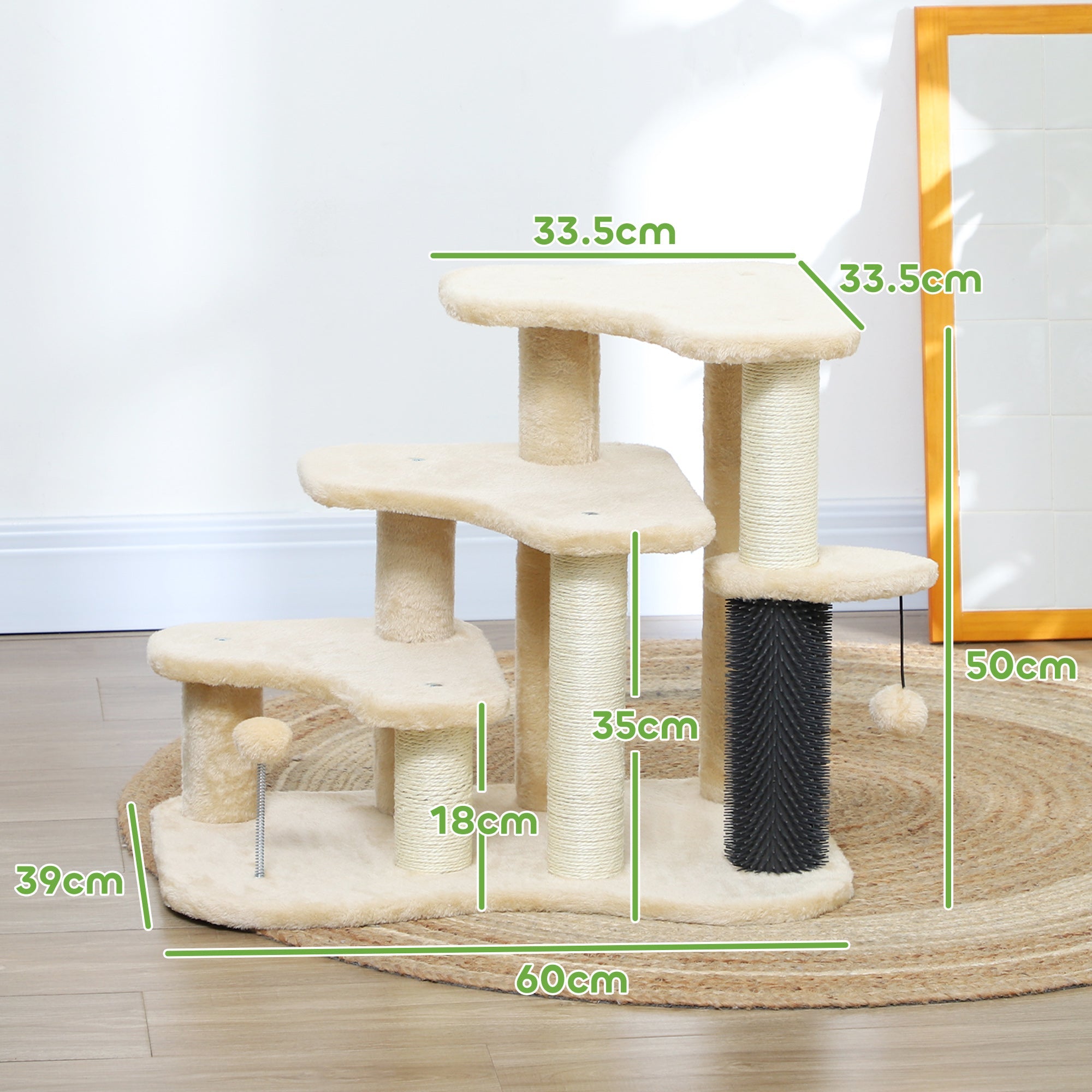 2-in-1 Cat Tree, Pet Stairs with Scratching Tickling Post, Toy Balls, for Bed, Sofa, Couch, Beige-2