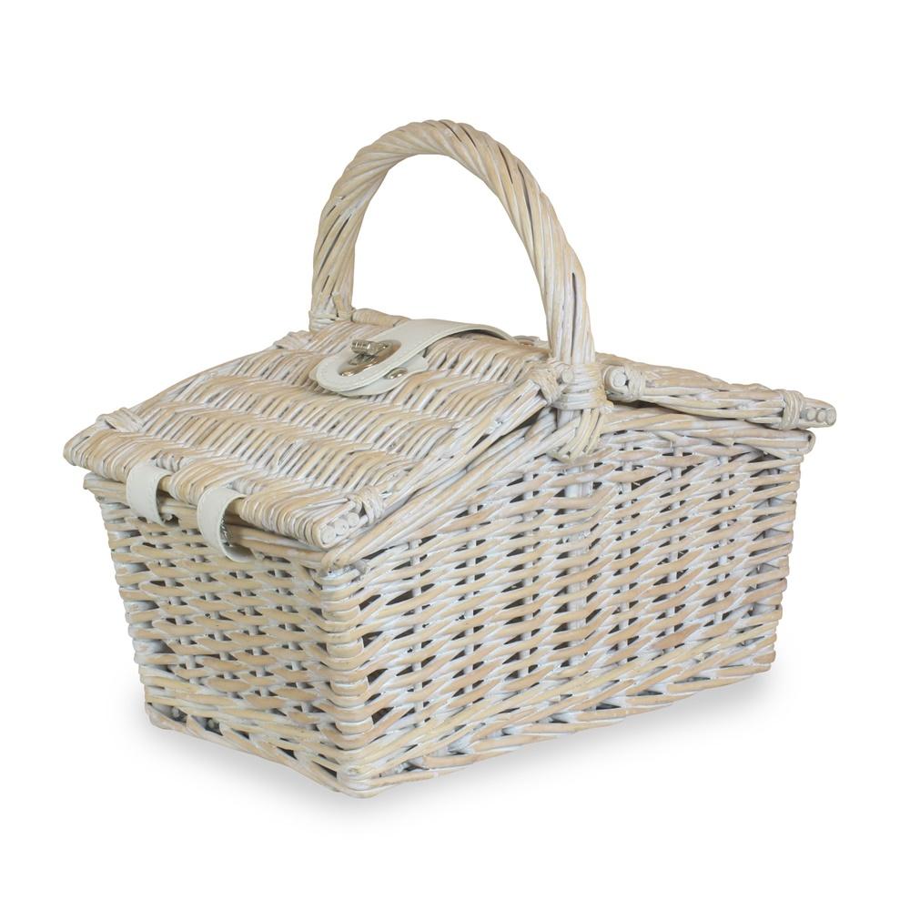 28cm White Double Lidded Wicker Picnic Basket-0