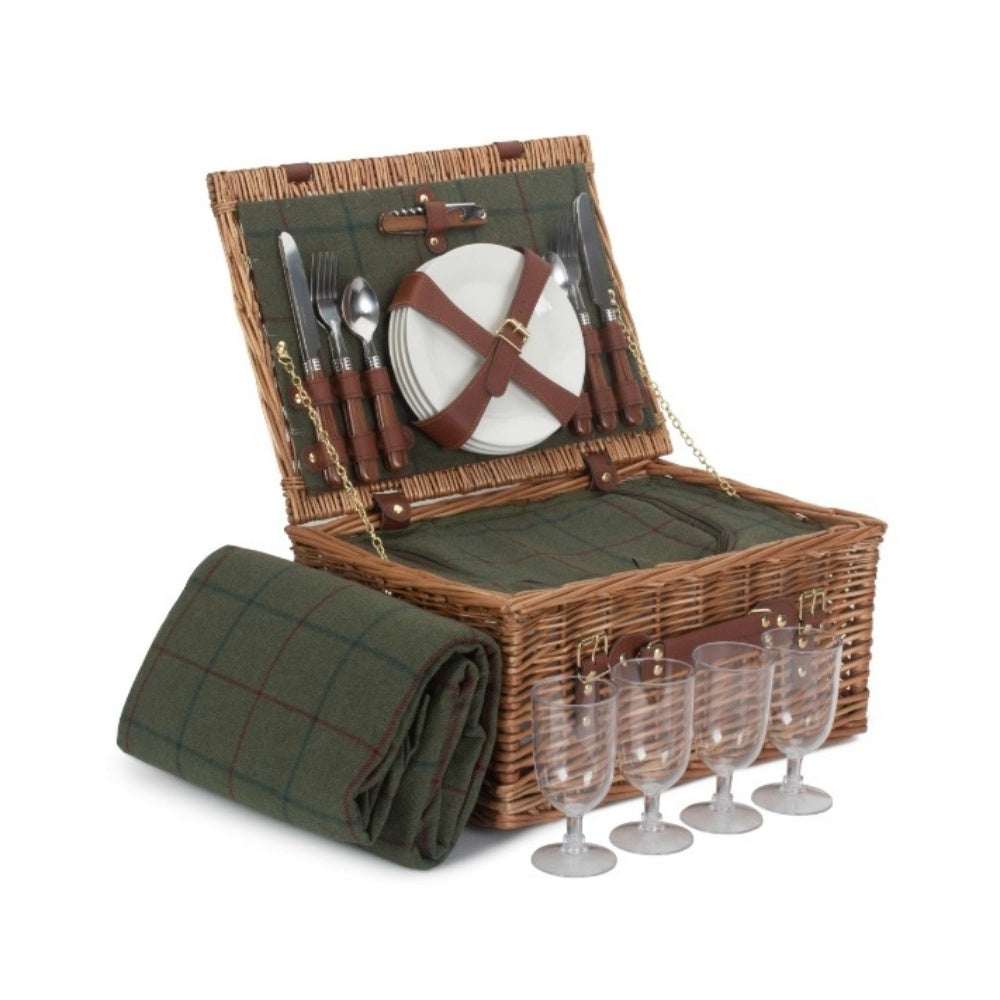4 Person Green Tweed Classic Fitted Picnic Basket-0