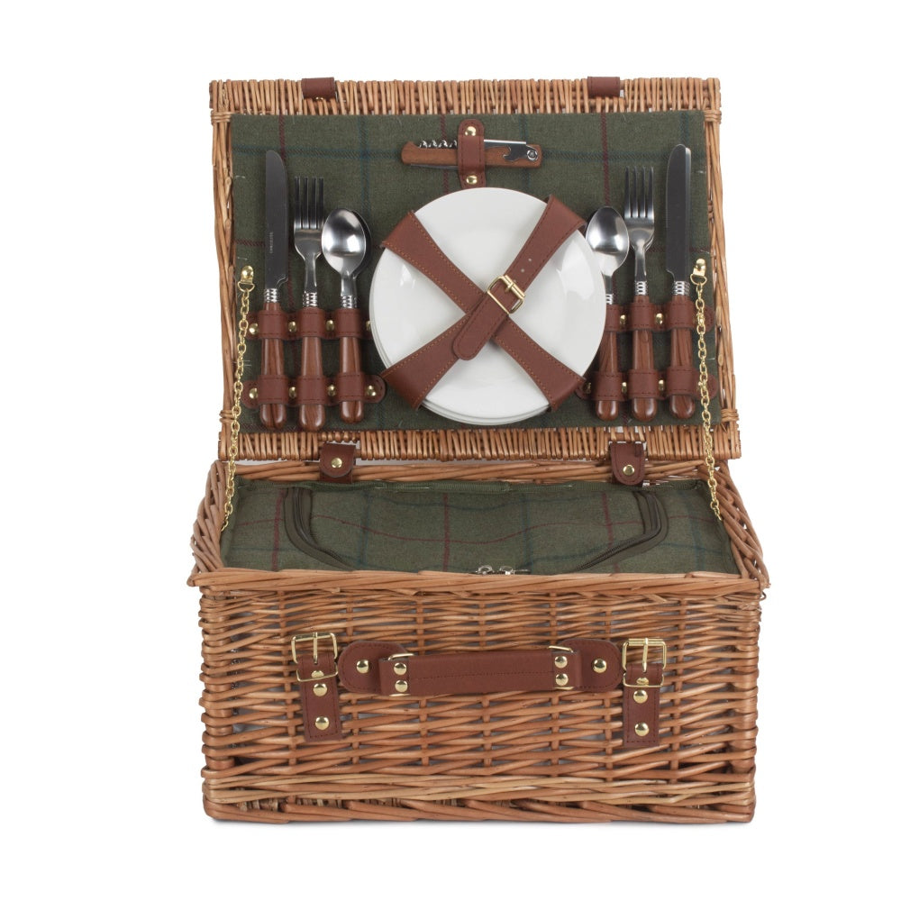 4 Person Green Tweed Classic Fitted Picnic Basket-1