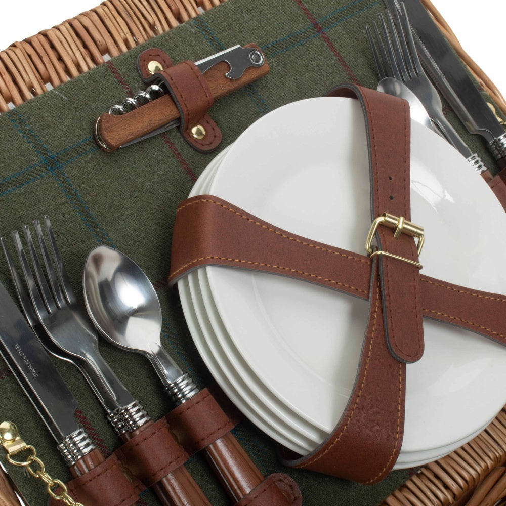 4 Person Green Tweed Classic Fitted Picnic Basket-3