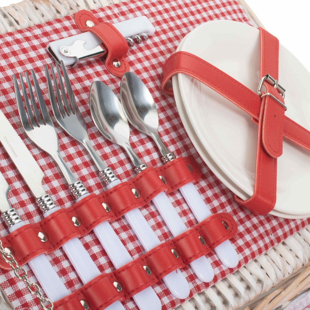 Red and White Gingham 2 Person Fitted Wicker Picnic Basket-3