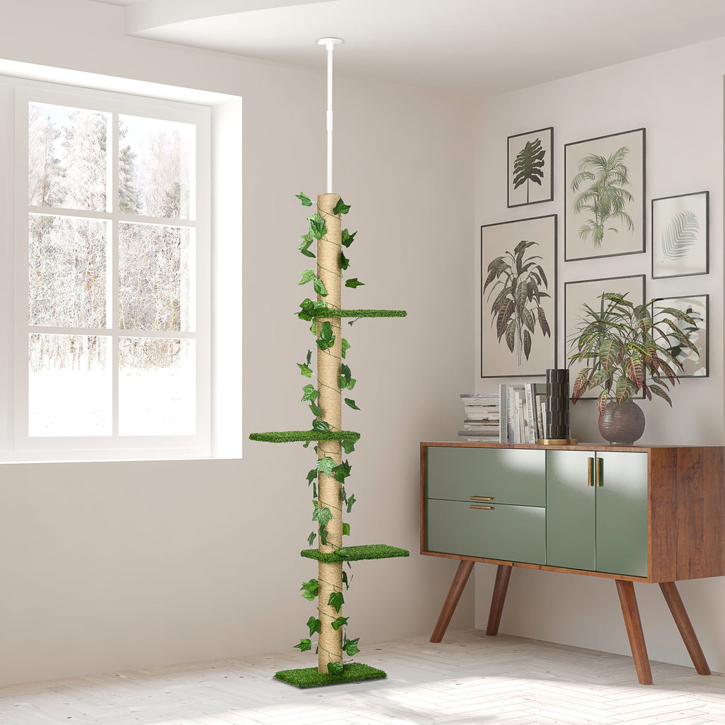 242cm Floor to Ceiling Cat Tree, Height Adjustable Kitten Tower with Anti-slip Kit, Highly Simulated Multi-Layer Activity Center Green-1