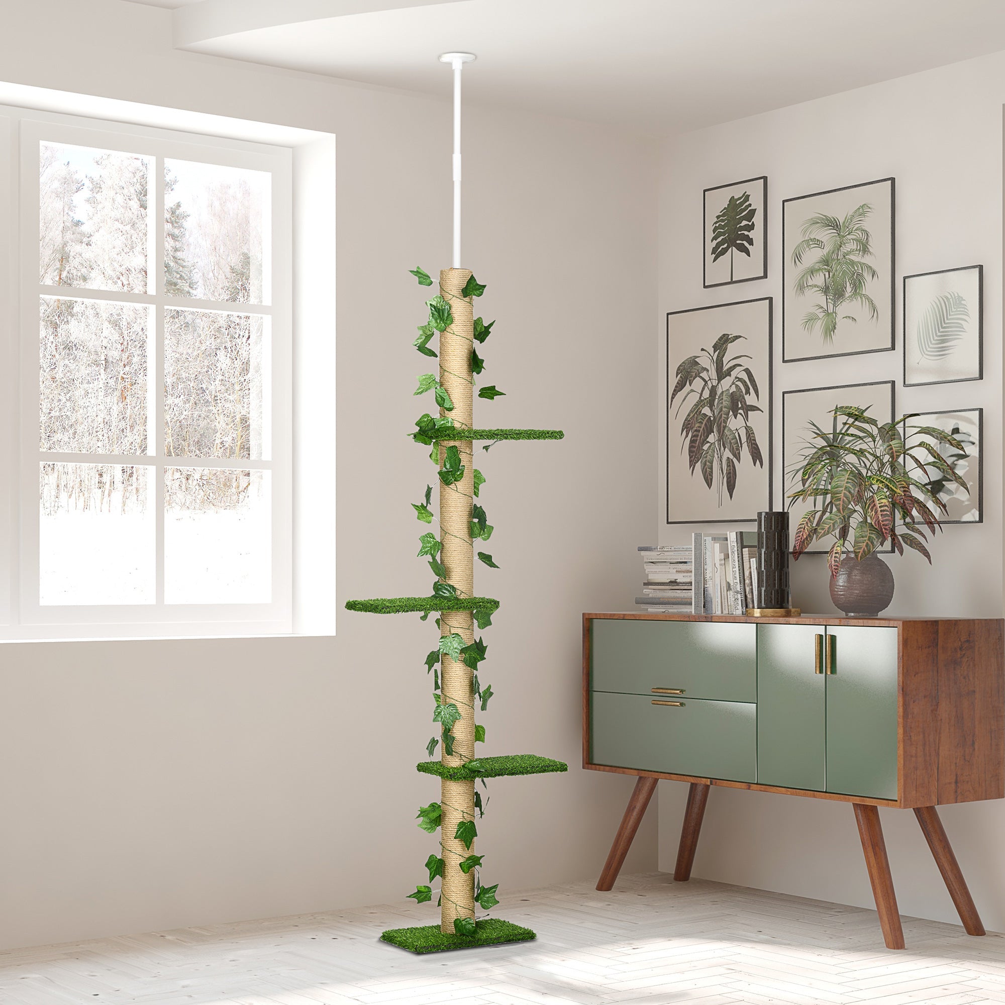 242cm Floor to Ceiling Cat Tree, Height Adjustable Kitten Tower with Anti-slip Kit, Highly Simulated Multi-Layer Activity Center Green-1
