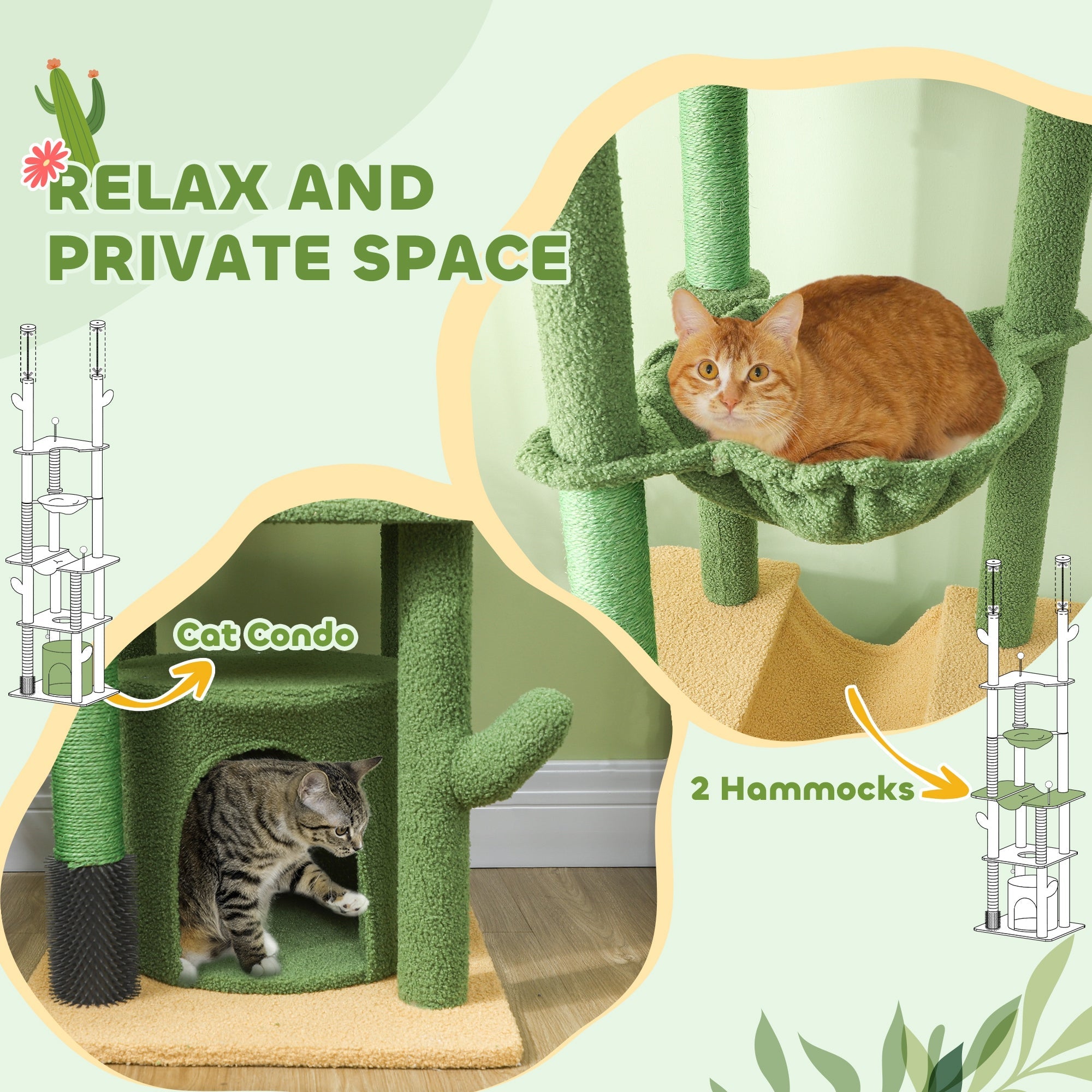225-255cm Height Adjustable Floor to Ceiling Cat Tree, Tall Cat Tower for Indoor Cats w/ Scratching Posts - Green-4