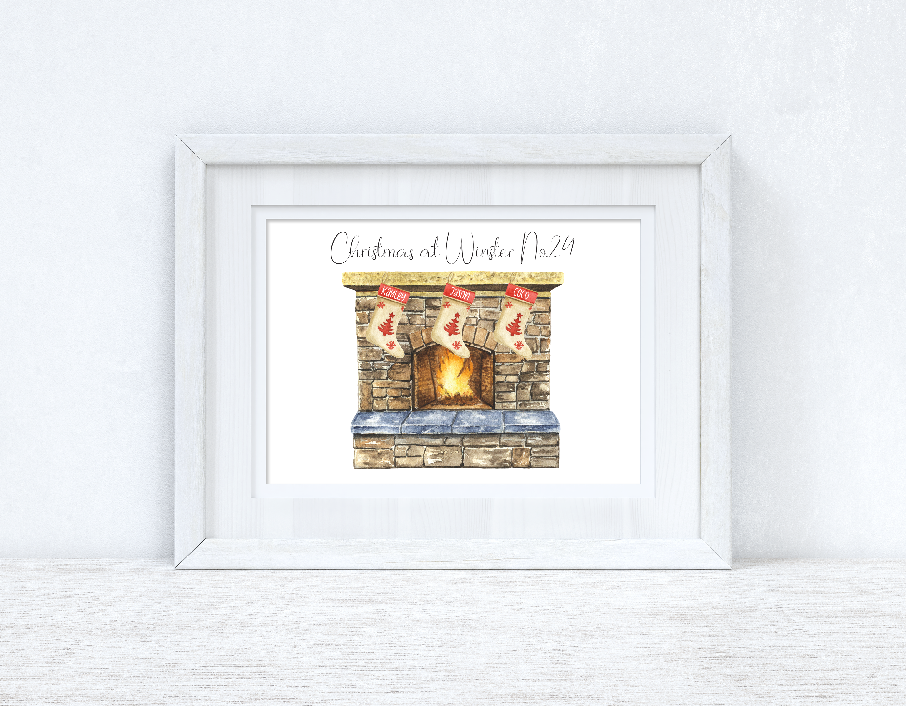 Personalised Fireplace Custom Name Stocking Christmas Seasonal Wall Home Decor Print-1