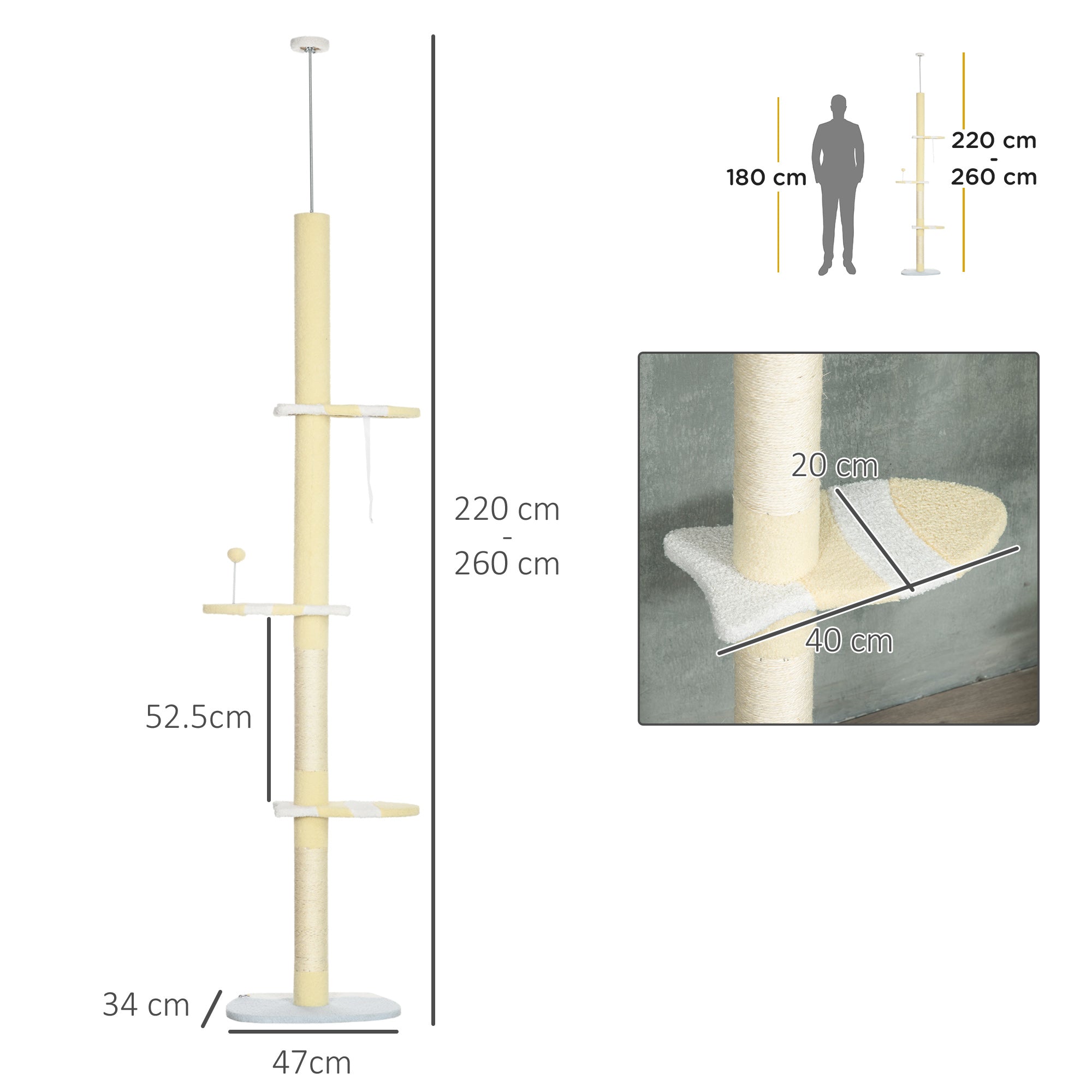 260cm Cat Tower Cat Tree, Floor to Ceiling, Height Adjustable with Anti-slip Kit and Fish-shaped Scratching Post Ball, Yellow-2