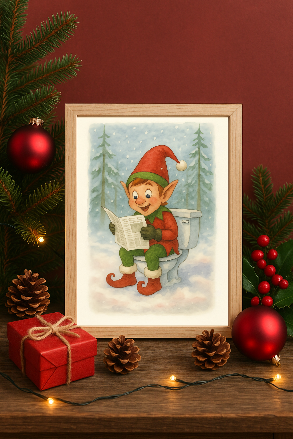 Funny Christmas Elf Toilet Wall Art – Cartoon Holiday Bathroom Humor Print-0