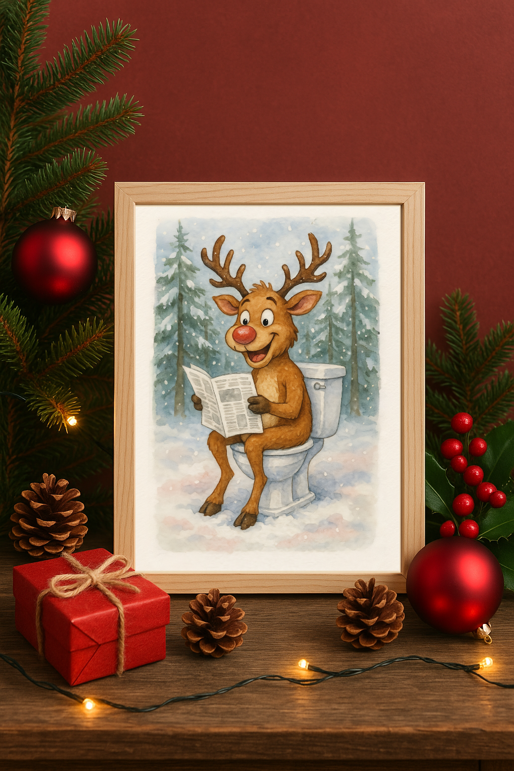 Funny Christmas Reindeer Toilet Wall Art – Cartoon Holiday Bathroom Humor Print-0