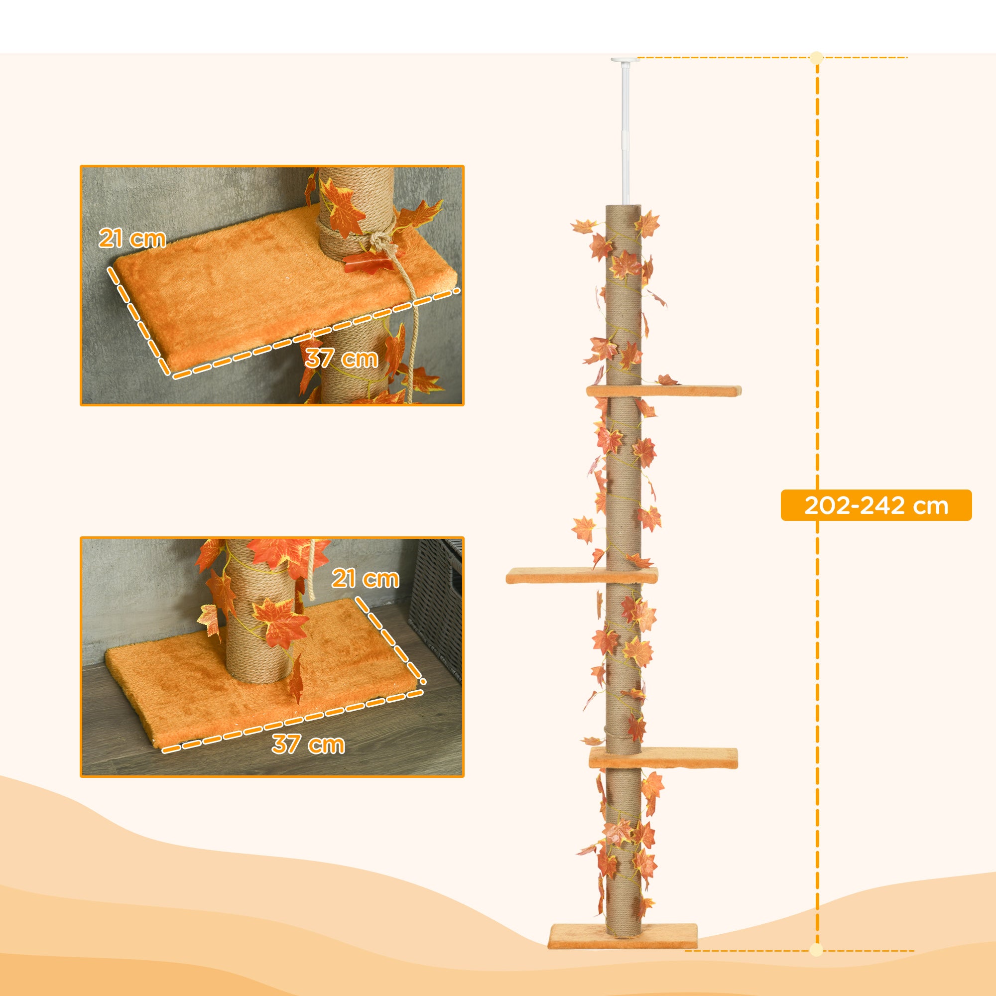 202-242cm Height Adjustable Floor to Ceiling Cat Tree for Cats with Sisal Scratching Post, 3- Tier Cat Tower-2