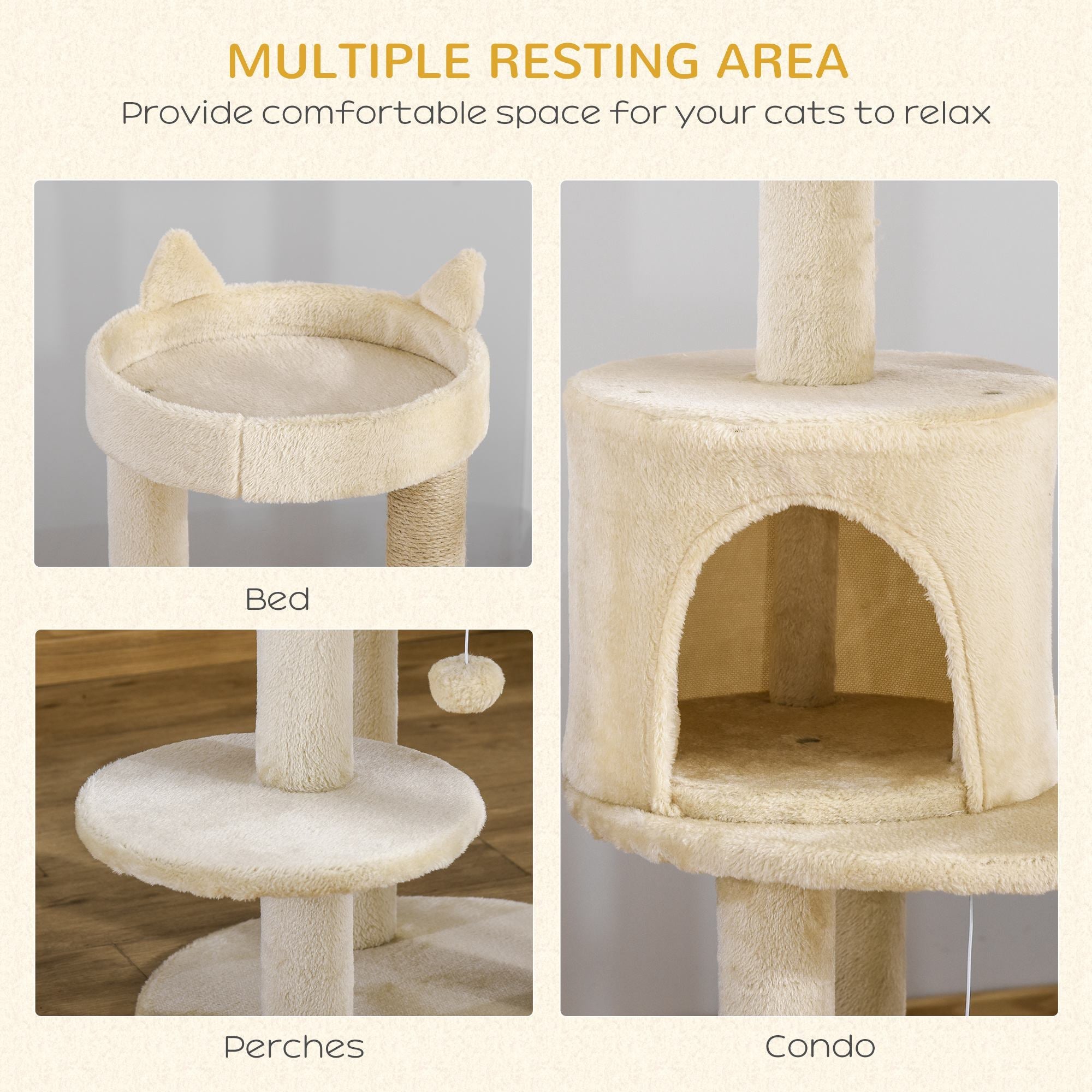 104 cm Cat Tree, Cat Condo Tree Tower, Cat Activity Centre with Scratching Posts, Plush Perch, Hanging Ball - Cream White-3