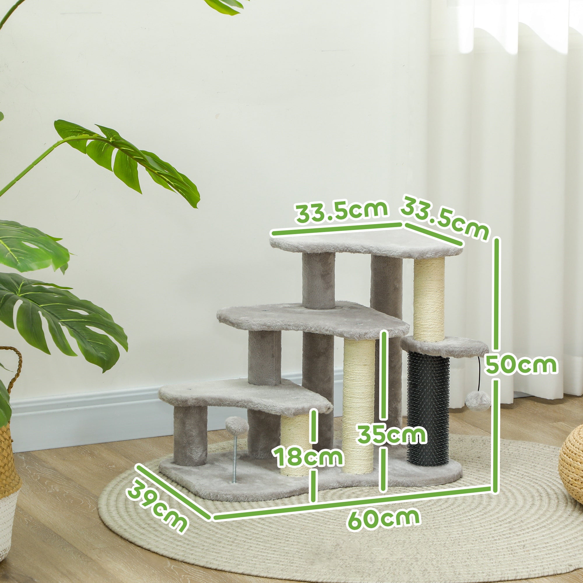 2-in-1 Cat Tree, Pet Stairs w/ Scratching Post, Toy Balls, for Bed, Sofa, Couch, Light Grey-2