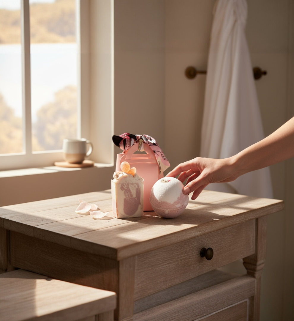 Gingerbread Bath Bomb and Soap in a Pink Fabric Handbag Gift Bag, Chic Ladies Gift-0