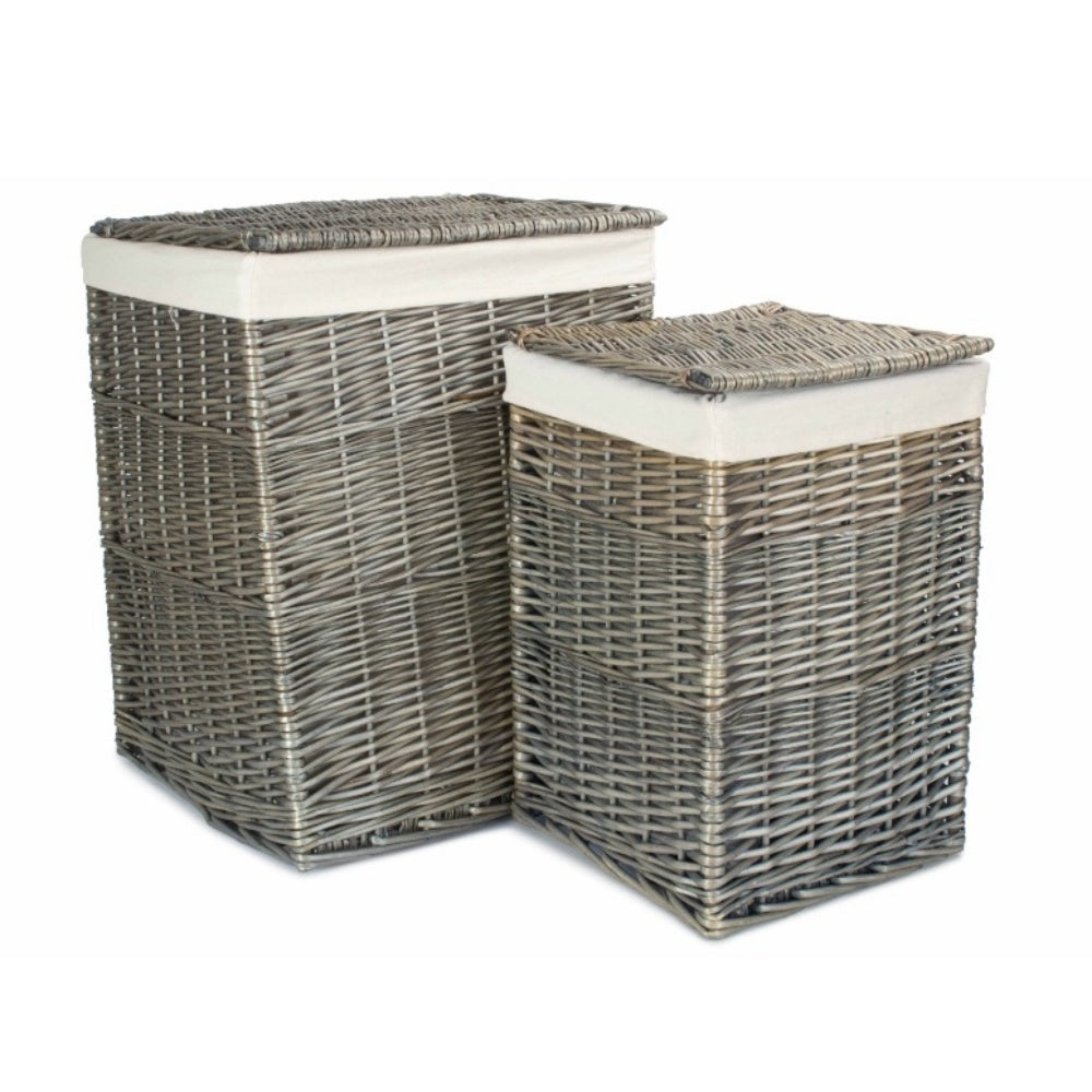 Antique Wash Square White Cotton Lined Laundry Basket-0