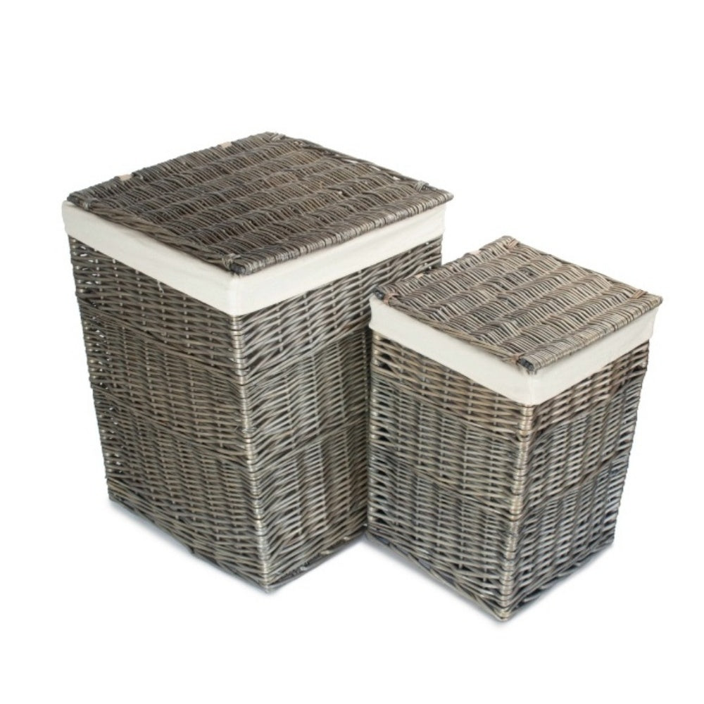 Antique Wash Square White Cotton Lined Laundry Basket-1