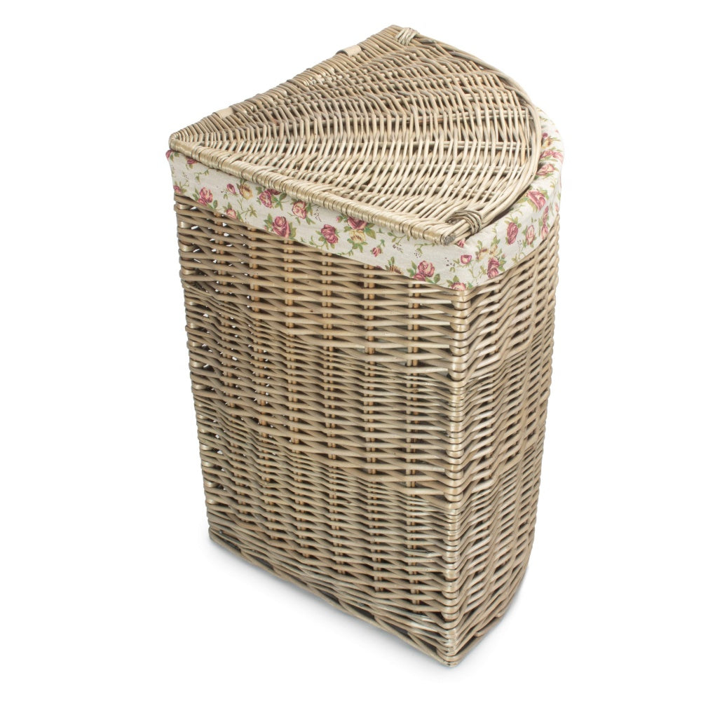 Antique Wash Corner Garden Rose Cotton Lined Laundry Basket-4