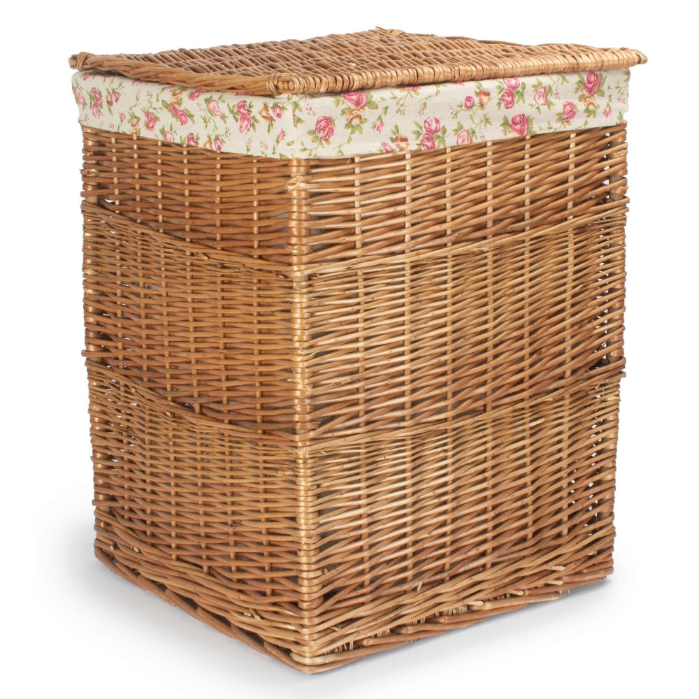 Garden Rose Lining Light Steamed Square Wicker Laundry Basket-3