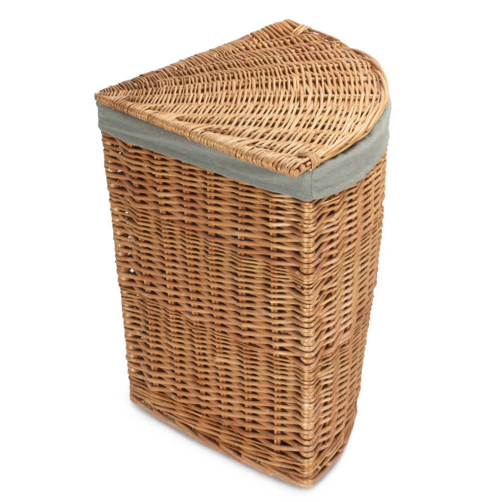 Light Steamed Corner Wicker Laundry Basket with Grey Sage Lining-5