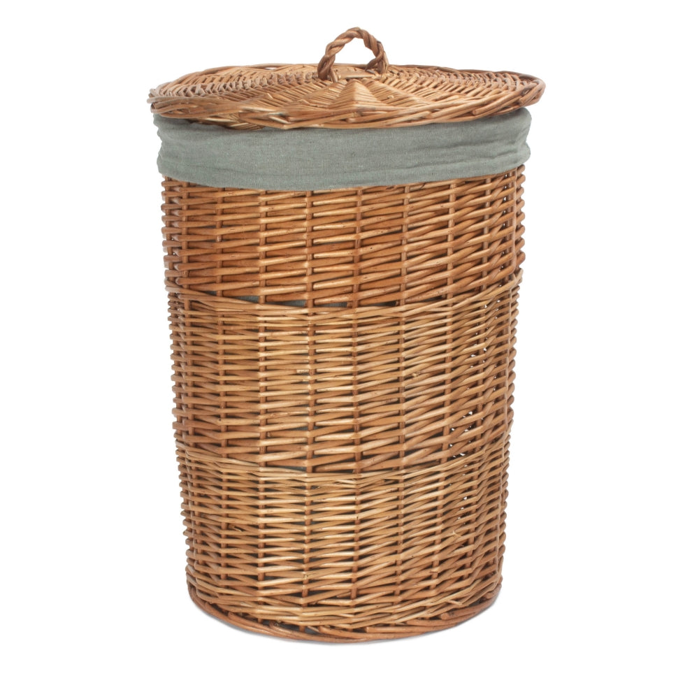 Light Steamed Round Wicker Laundry Basket with Grey Sage Lining-3