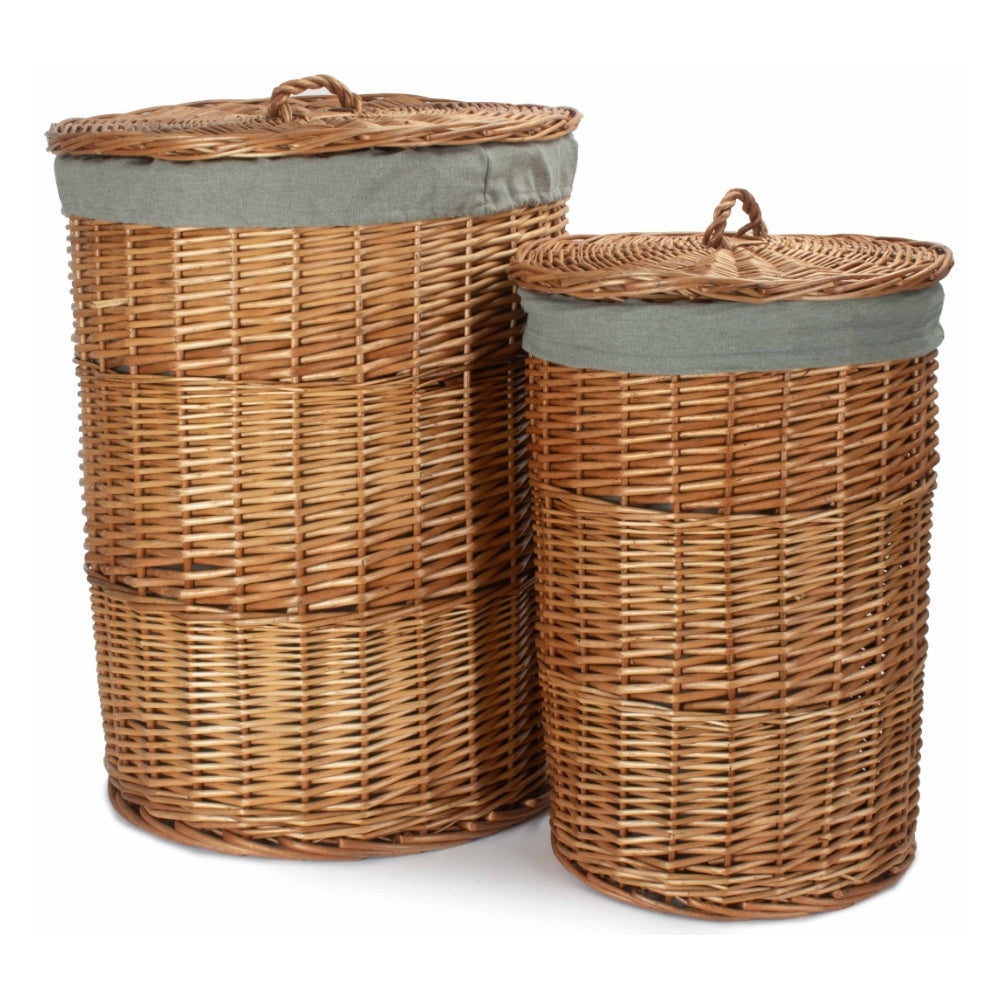 Light Steamed Round Wicker Laundry Basket with Grey Sage Lining-0