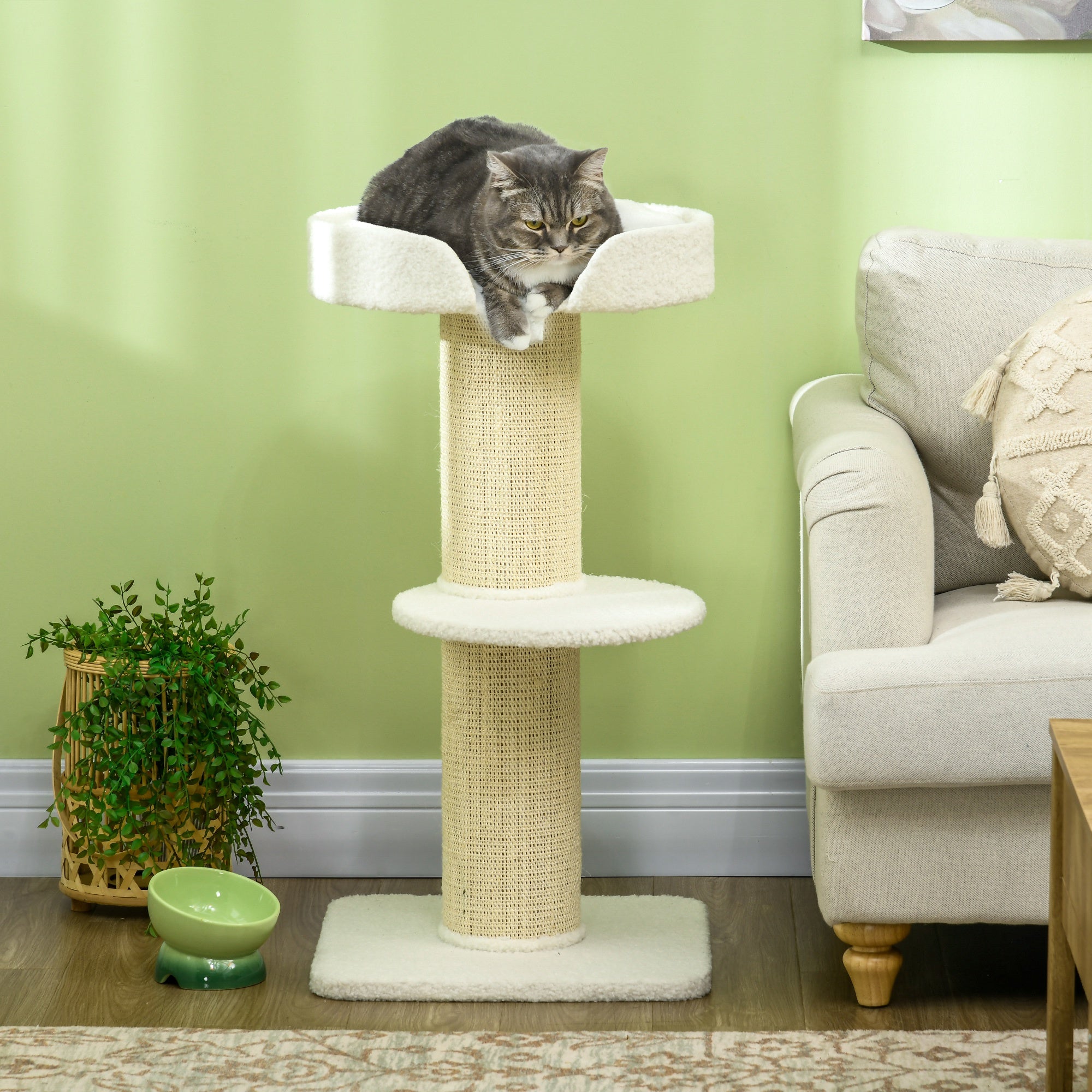 2 Tier Sisal Sherpa Cat Tree with Basket Cushion Sisal Post Cream White-1