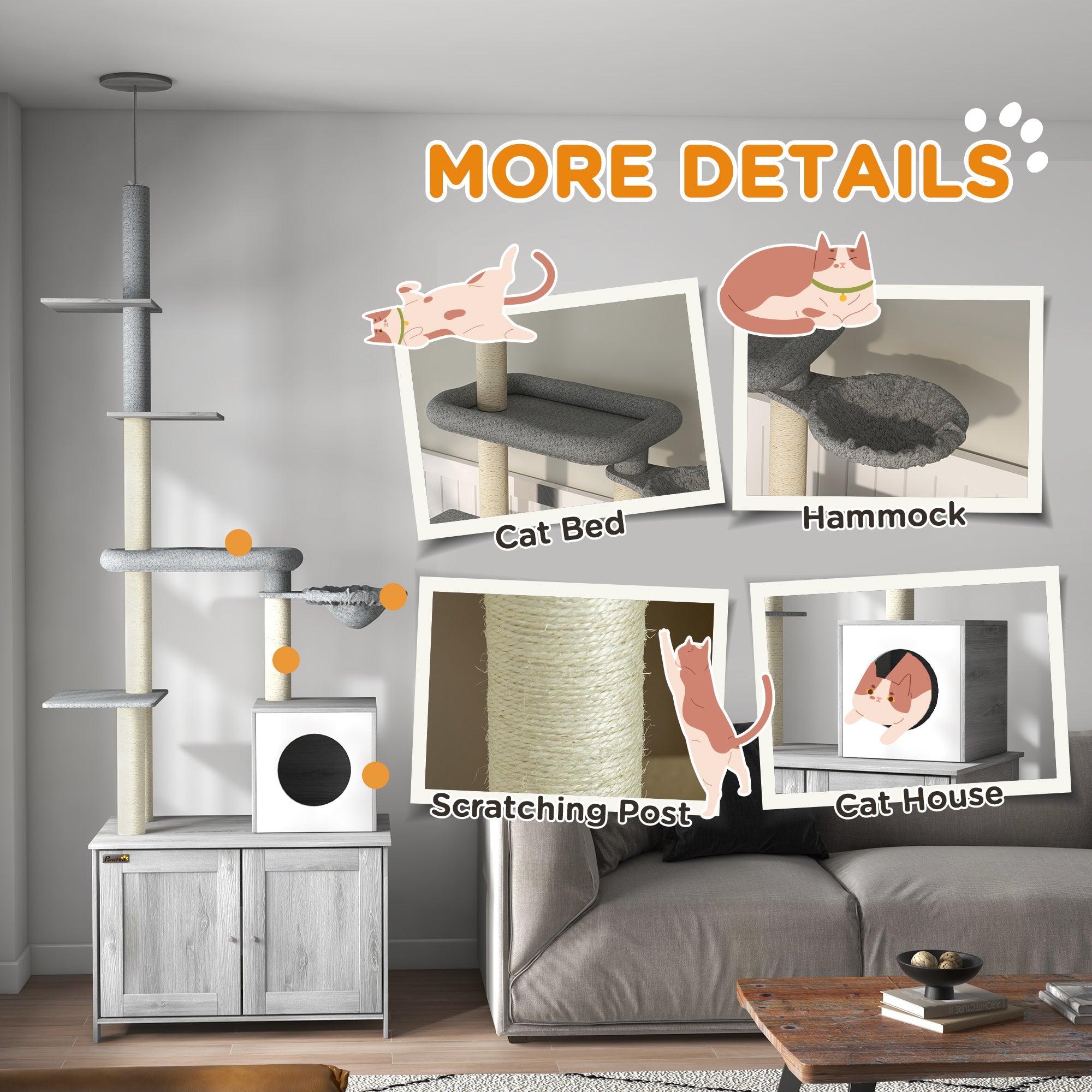 2-in-1 Floor-To-Ceiling Cat Tree with Hidden Litter Box, for Indoor Use - Grey-4