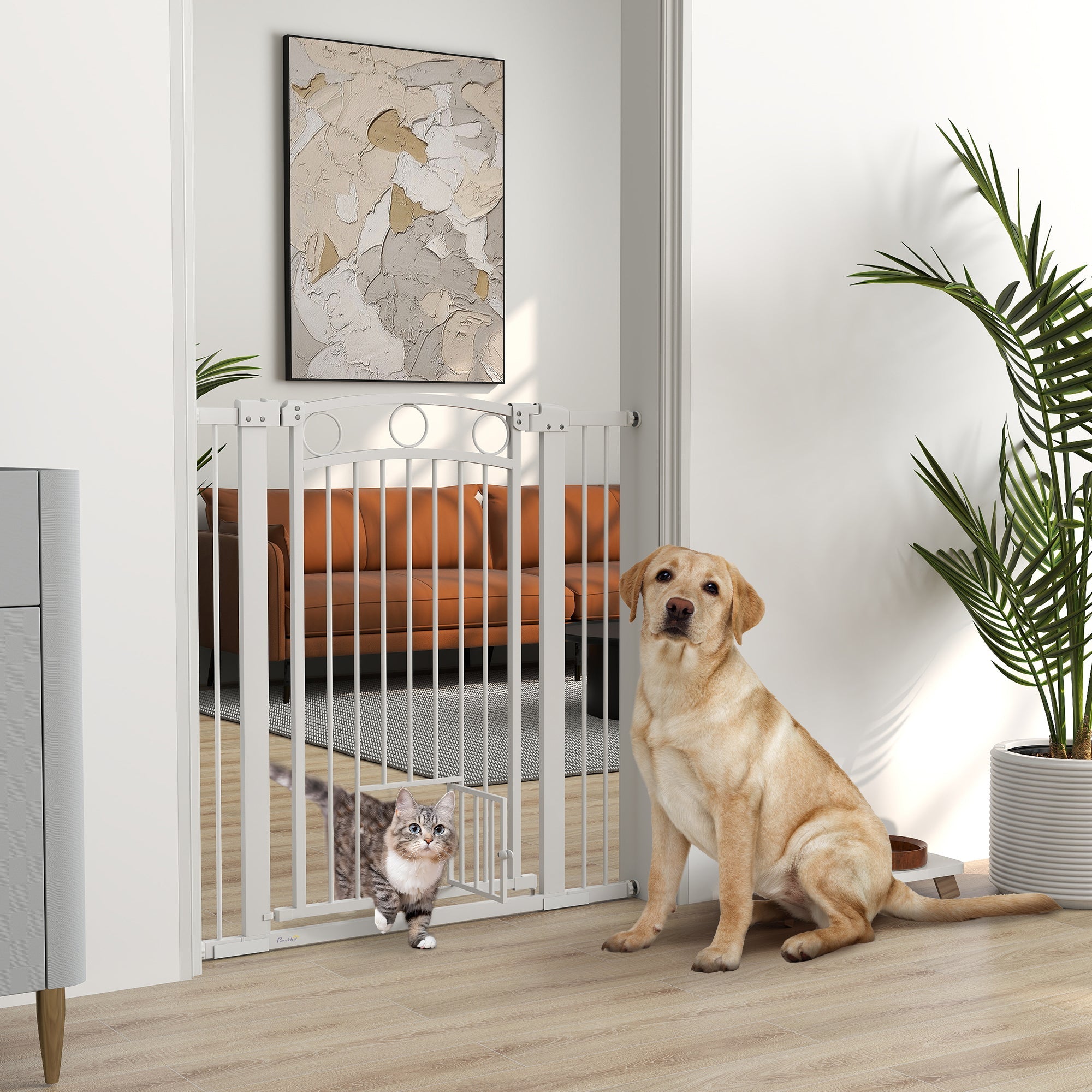 106cm Tall Dog Gate with Cat Door, 7cm and 14cm Extensions, for Stairs, Doorways, 76-104cm Width-1