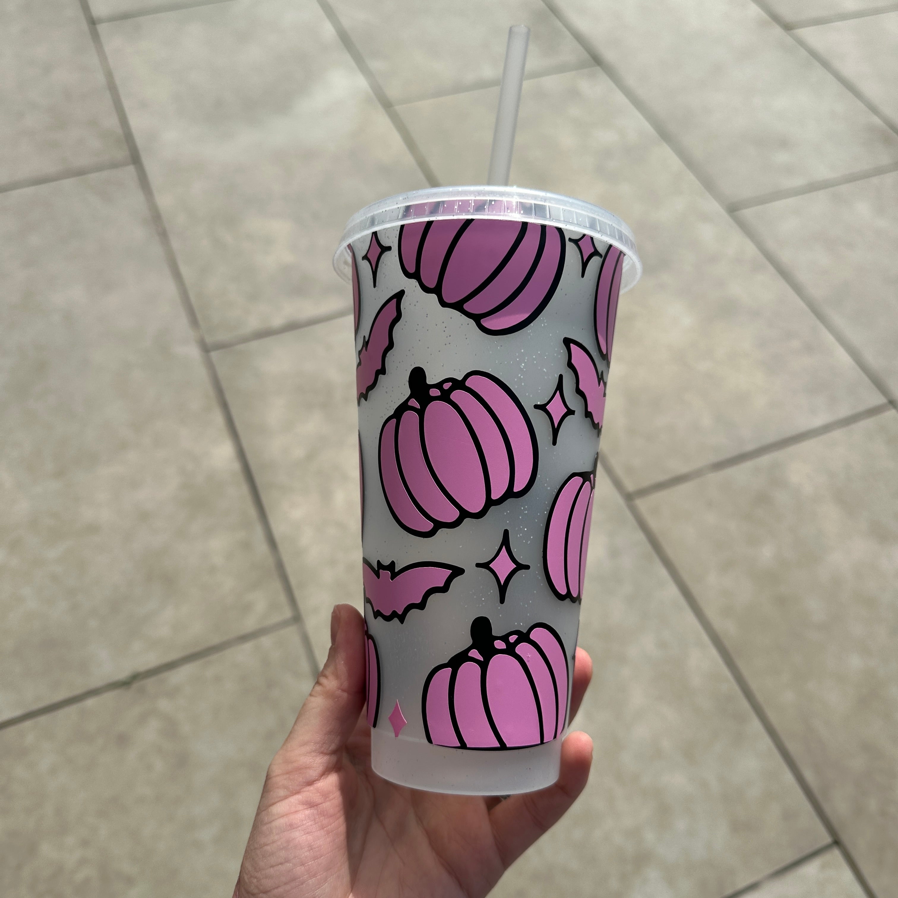 Autumn Halloween Pumpkin Bat Print Tumbler Venti Cold Cup 24oz - With Straw-1