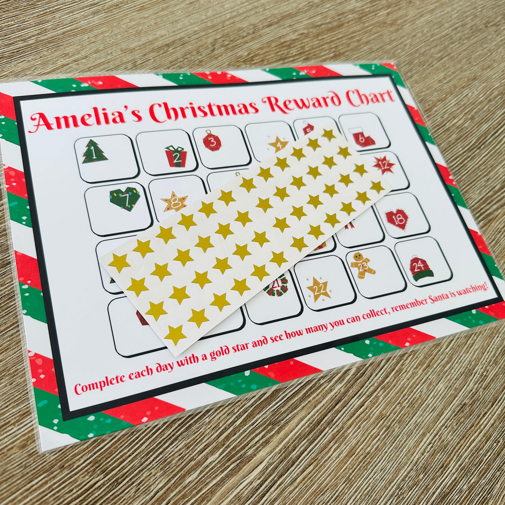 Personalised Name Christmas Reward Chart Santa Winter Christmas Seasonal Wall Home Decor Print - Laminated With Gold Stars-4