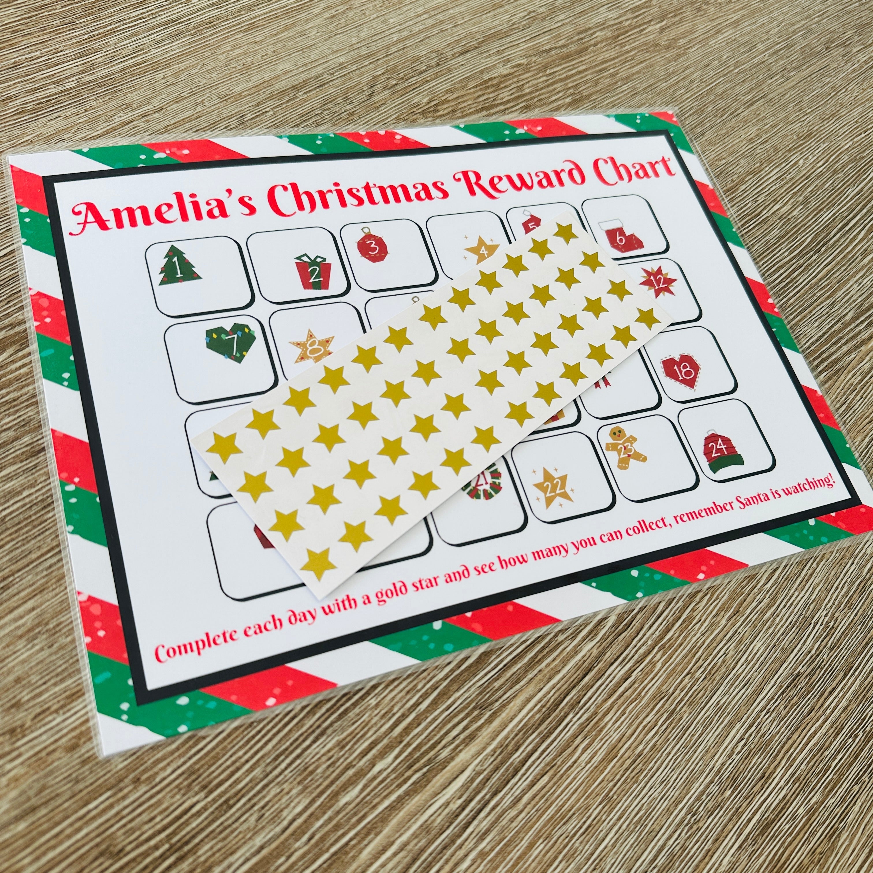 Personalised Name Christmas Reward Chart Santa Winter Christmas Seasonal Wall Home Decor Print - Laminated With Gold Stars-2