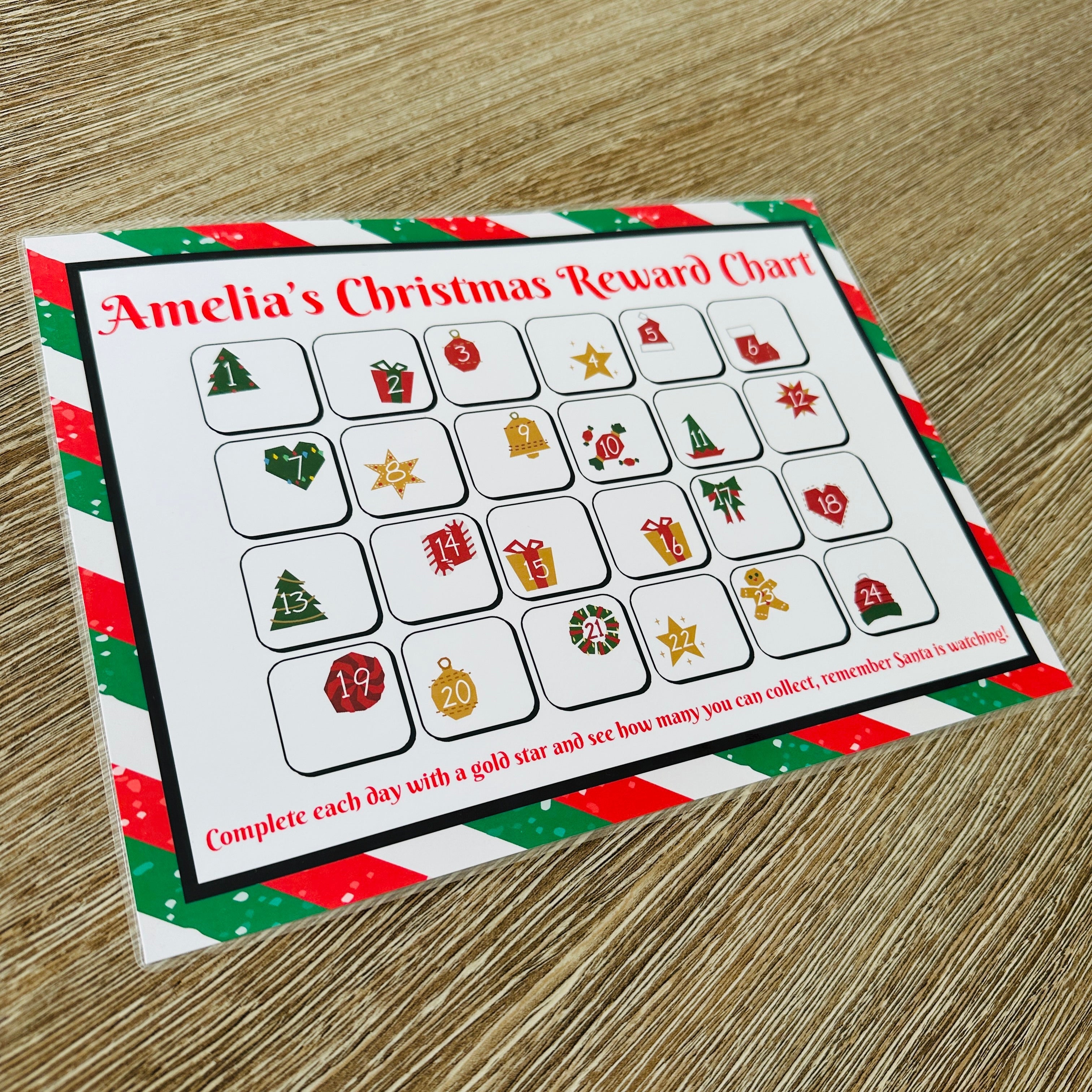 Personalised Name Christmas Reward Chart Santa Winter Christmas Seasonal Wall Home Decor Print - Laminated With Gold Stars-3