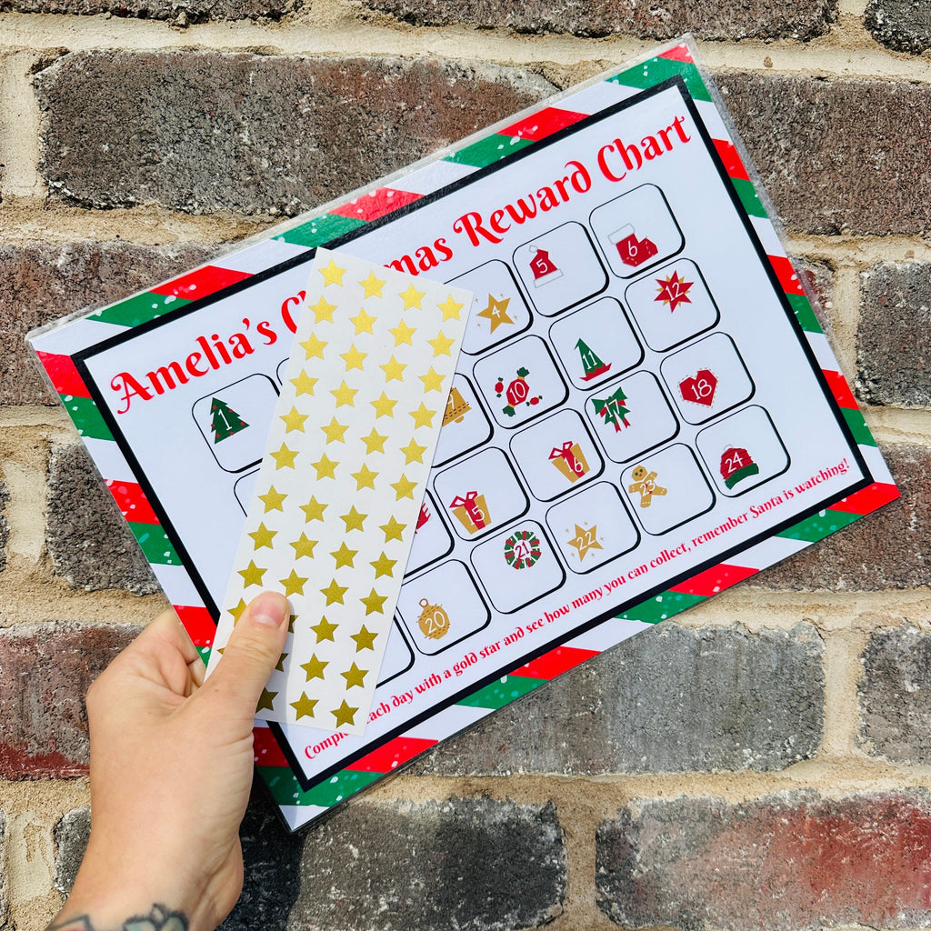 Personalised Name Christmas Reward Chart Santa Winter Christmas Seasonal Wall Home Decor Print - Laminated With Gold Stars-1