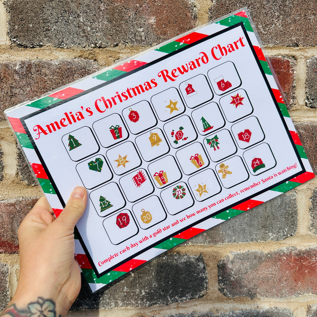 Personalised Name Christmas Reward Chart Santa Winter Christmas Seasonal Wall Home Decor Print - Laminated With Gold Stars-0