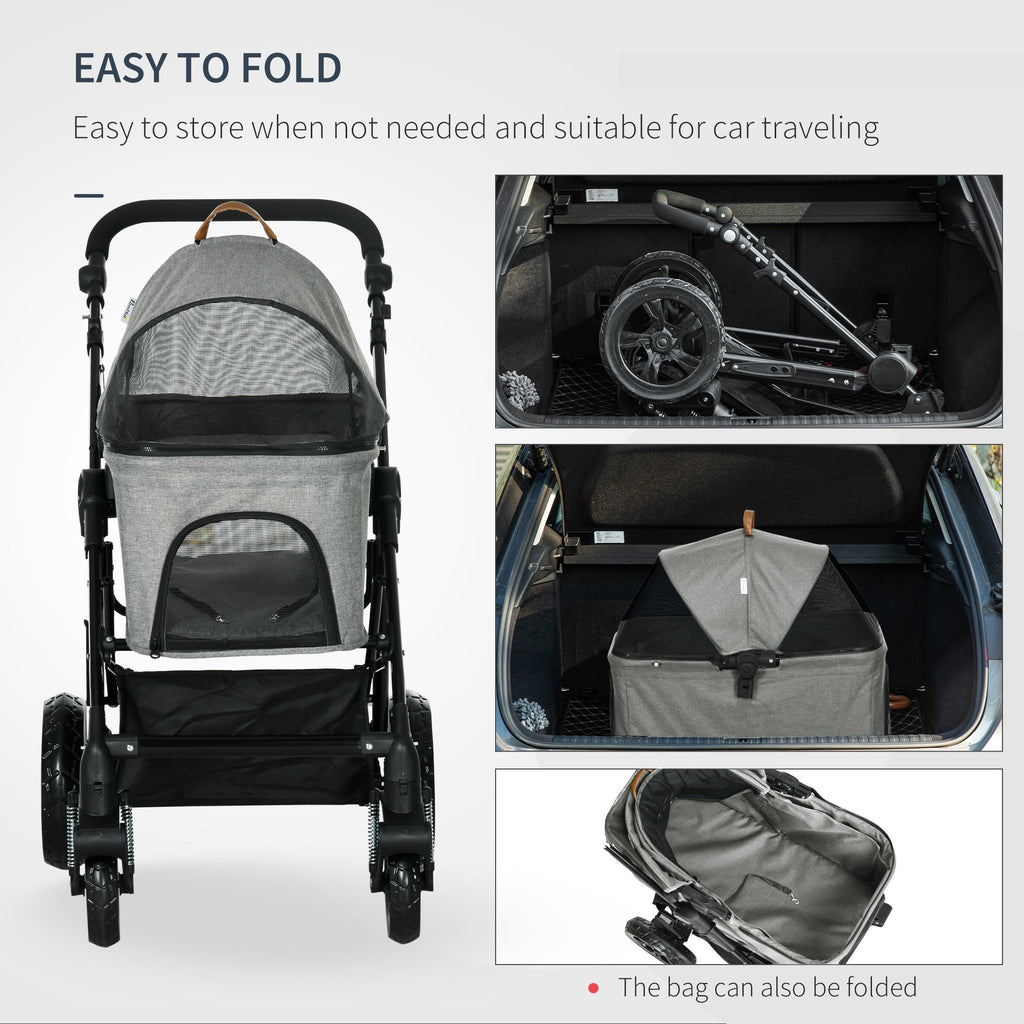 2-In-1 Design No-Zip Pet Stroller Detachable Bag Travel Trolley with Shock-absorbing System Brake Basket Adjustable Handlebar Safety Leash Grey-4