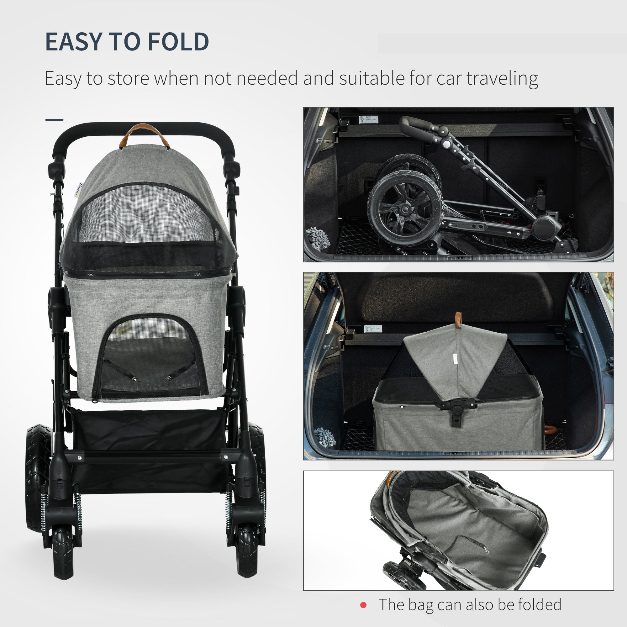 2-In-1 Design No-Zip Pet Stroller Detachable Bag Travel Trolley with Shock-absorbing System Brake Basket Adjustable Handlebar Safety Leash Grey-4