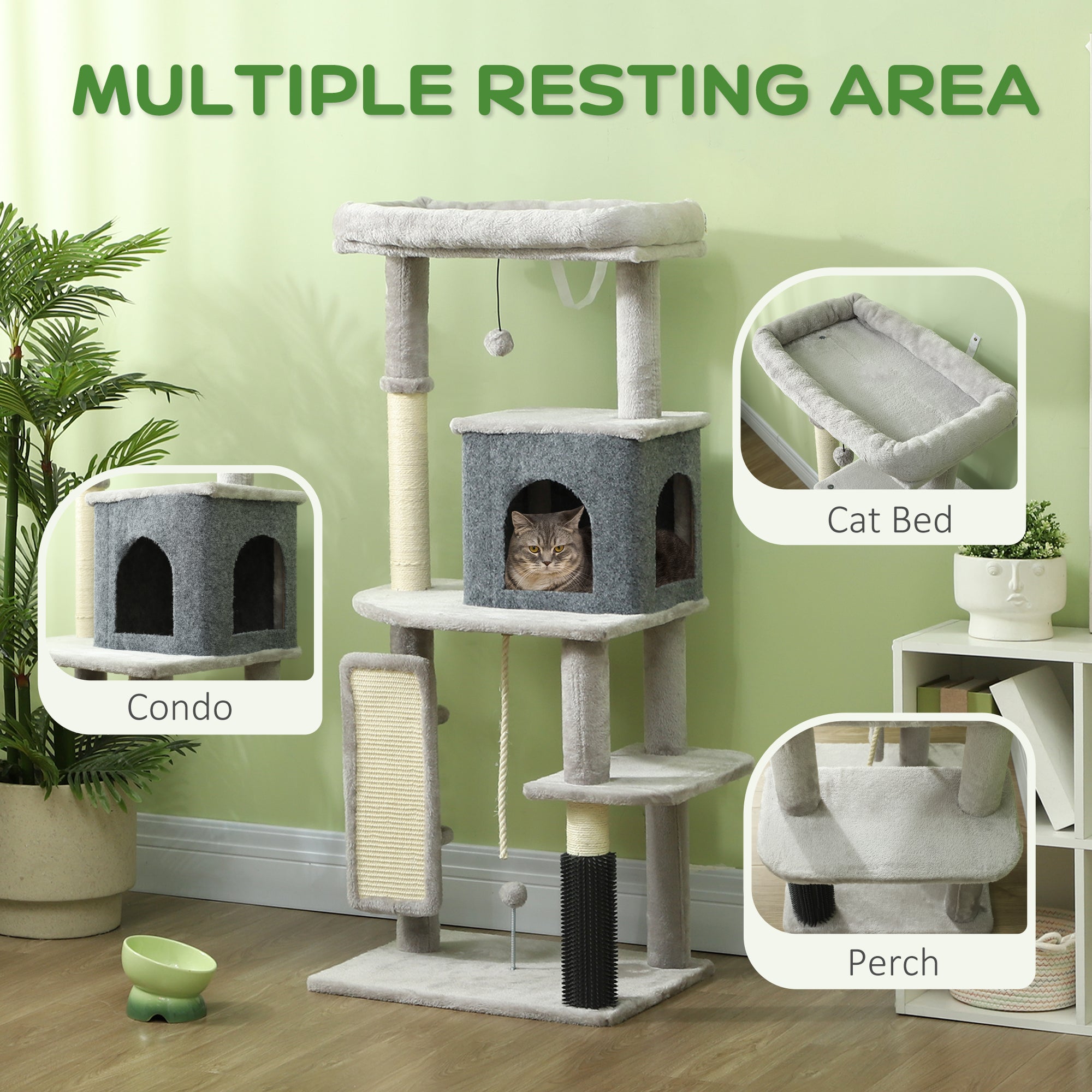 132cm Cat Tree w/ Scratching Posts, Pad, Cat Bed, Cat House, Jumping Platform, Grooming Brush, Anti-Tip Kit, Light Grey-3