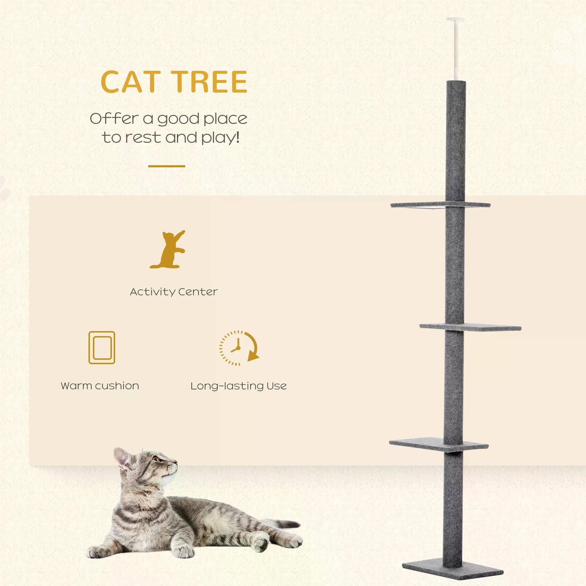 260cm Cat tree Floor To Ceiling with 3 Perches, Activity Scratching Tree Center for Kittens Cat Tower Furniture, Grey-3
